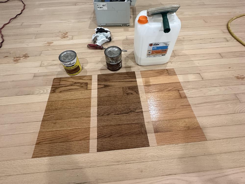Three stain colors sampled side by side on a freshly sanded oak floor